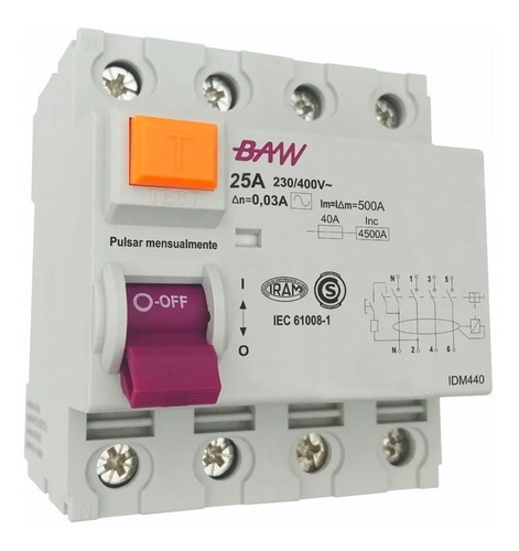 Disyuntor Diferencial Tetrapolar 25amp 4x25 30ma Baw Iram